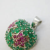 Sterling Silver, Emerald & Ruby Set Starburst Heart Pendant Vintage c2000s