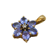 9ct Yellow Gold, Tanzanite & Diamond Floral Drop Pendant Vintage London