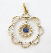 Edwardian 15ct Gold, White Enamel, Pearl & Sapphire Lavalier Pendant Antique