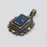 Sterling Silver Rectangular Lapis Lazuli Set Patterned Pendant Vintage c1970