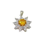 Sterling Silver Citrine & 9 Cubic Zirconia Flower Form Pendant Modern c1990s