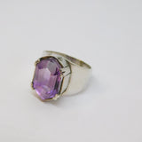 Sterling Silver Modernist Large Faceted Amethyst Dress Ring Vintage c1970 Size N
