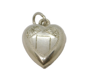 Sterling Silver Patterned Puffy Heart Charm Pendant Vintage c1970