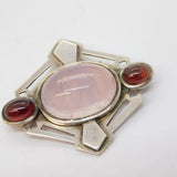 Sterling Silver, Rose Quartz & Garnet Modernist Brooch Studio Jewellery Vintage