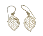 Pair of Sterling Silver Brushed Leaf Skeleton Hook Drop Earrings Vintage c2010
