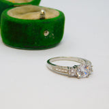 Sterling Silver 3 Stone CZ Set Patterned Band Ring Vintage c1970 Size N