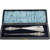 Victorian Boxed Sterling Silver Handled Shoe Horn Button Hook Set Antique