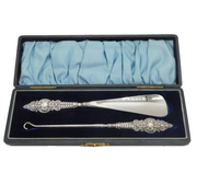 Victorian Boxed Sterling Silver Handled Shoe Horn Button Hook Set Antique
