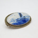 Sterling Silver Delft Painted Ceramic Sailing Scene Brooch Pin Antique c1930