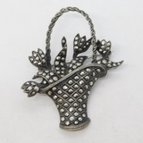 Sterling Silver Marcasite Set Basket of Flowers Brooch Pin Antique c1930