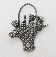 Sterling Silver Marcasite Set Basket of Flowers Brooch Pin Antique c1930