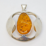 Studio Jewellery Large Sterling Silver & Baltic Amber Drop Pendant Vintage c1990