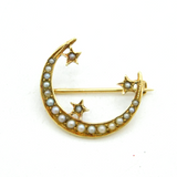 Edwardian 14ct Gold & Seed Pearl, Moon & Stars Brooch Pin Antique c1910s