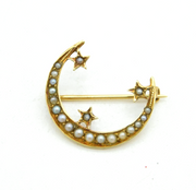 Edwardian 14ct Gold & Seed Pearl, Moon & Stars Brooch Pin Antique c1910s