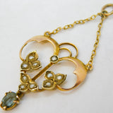 Edwardian 9ct Gold, Seed Pearl & Topaz Floral Lavalier Pendant Antique c1910s