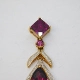 9ct Yellow Gold, Tourmaline & Diamond Floral Drop Pendant Vintage c1990