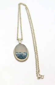 Sterling Silver Cabochon Moss Agate Studio Pendant Necklace Vintage c1990's