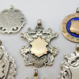 Job Lot of Antique Sterling Silver Fob Medals inc. Gold Fronts, Enamel 69g