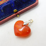 Sterling Silver Carved Red Agate Heart Charm Pendant Vintage c1970