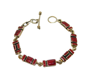Sterling Silver Mexican Red Agate Brick Form Linked T-Bar Bracelet Modern c1990