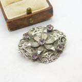 Scottish Sterling Silver & Amethyst Set Floral Dress Brooch Vintage c1950 WBs