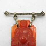 Art Deco Sterling Silver, Marcasite & Carved Red Hardstone Buddha Brooch Antique