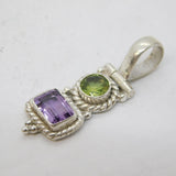 Sterling Silver, Peridot & Amethyst Set Drop Charm Pendant Vintage c1970s