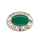 Sterling Silver Green Hardstone Oval Patterned Edge Brooch Pin Vintage c1990