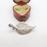 Sterling Silver & Amethyst Set Art Nouveau Leaf Form Brooch Vintage c1980
