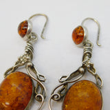 Pair of Large Sterling Silver Baltic Amber Set Hook Earrings Vintage c1970