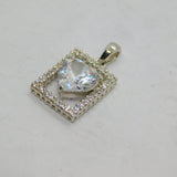 Sterling Silver CZ Rectangle Framed Heart Drop Charm Pendant Modern c2000s
