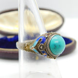 Chinese Sterling Silver Turquoise & Enamel Statement Ring Antique c1940 Deco