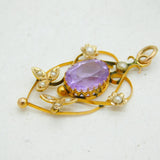 Edwardian 9ct Yellow Gold, Amethyst & Seed Pearl Lavalier Pendant Antique c1910s