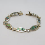 Mexican Taxco Sterling Silver Abalone Set Fish Panel Bracelet Vintage
