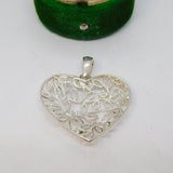 Sterling Silver Cutwork Leaf Crystal Set Heart Charm Pendant Vintage c1970