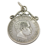 19th Century Portugal Sterling Silver 500 Reis Watch Chain Fob Medal Antique