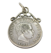 19th Century Portugal Sterling Silver 500 Reis Watch Chain Fob Medal Antique