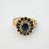 9ct Yellow Gold, Blue Sapphire & Spinel Floral Cluster Ring Vintage London