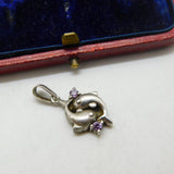 Sterling Silver Dolphin Duo Amethyst Paste Pisces Charm Pendant Vintage c1970