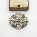 Scottish Sterling Silver & Amethyst Set Floral Dress Brooch Vintage c1950 WBs