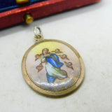 Religious Mary and Cherubs Angels Enamel Sterling Silver Pendant Charm Antique