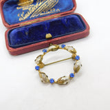 Art Deco Gilt Metal, Pearl & Sapphire Paste Circular Brooch Antique c1930