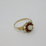 Sterling Silver 8 Garnet & Opal Cluster Dress Ring Vintage c1970 Size L 1/2