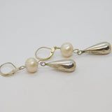 Pair of Sterling Silver & Pearl Long Drop Leverback Earrings Vintage c1970