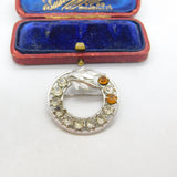 Sterling Silver White & Orange Paste Set Floral Wreath Brooch Vintage c1960