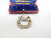 Sterling Silver White & Orange Paste Set Floral Wreath Brooch Vintage c1960