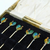 Boxed Art Deco Set of Sterling Silver Gilt Enamel Chicken Cocktail Sticks