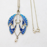 Sterling Silver, Enamel & Pearl Set Art Nouveau Style Pendant Necklace Vintage