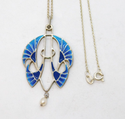 Sterling Silver, Enamel & Pearl Set Art Nouveau Style Pendant Necklace Vintage