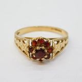 9ct Yellow Gold & Bohemian Garnet Floral Cluster Ring Vintage 1976 London